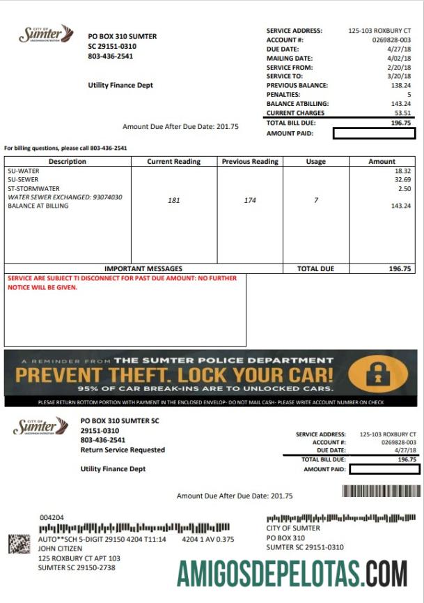 imprimível Modelo de conta de serviços públicos de água da cidade de Sumter, Carolina do Sul, EUA, em formato Word e PDF